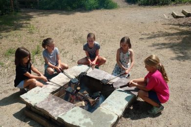 Group of girls around campfire